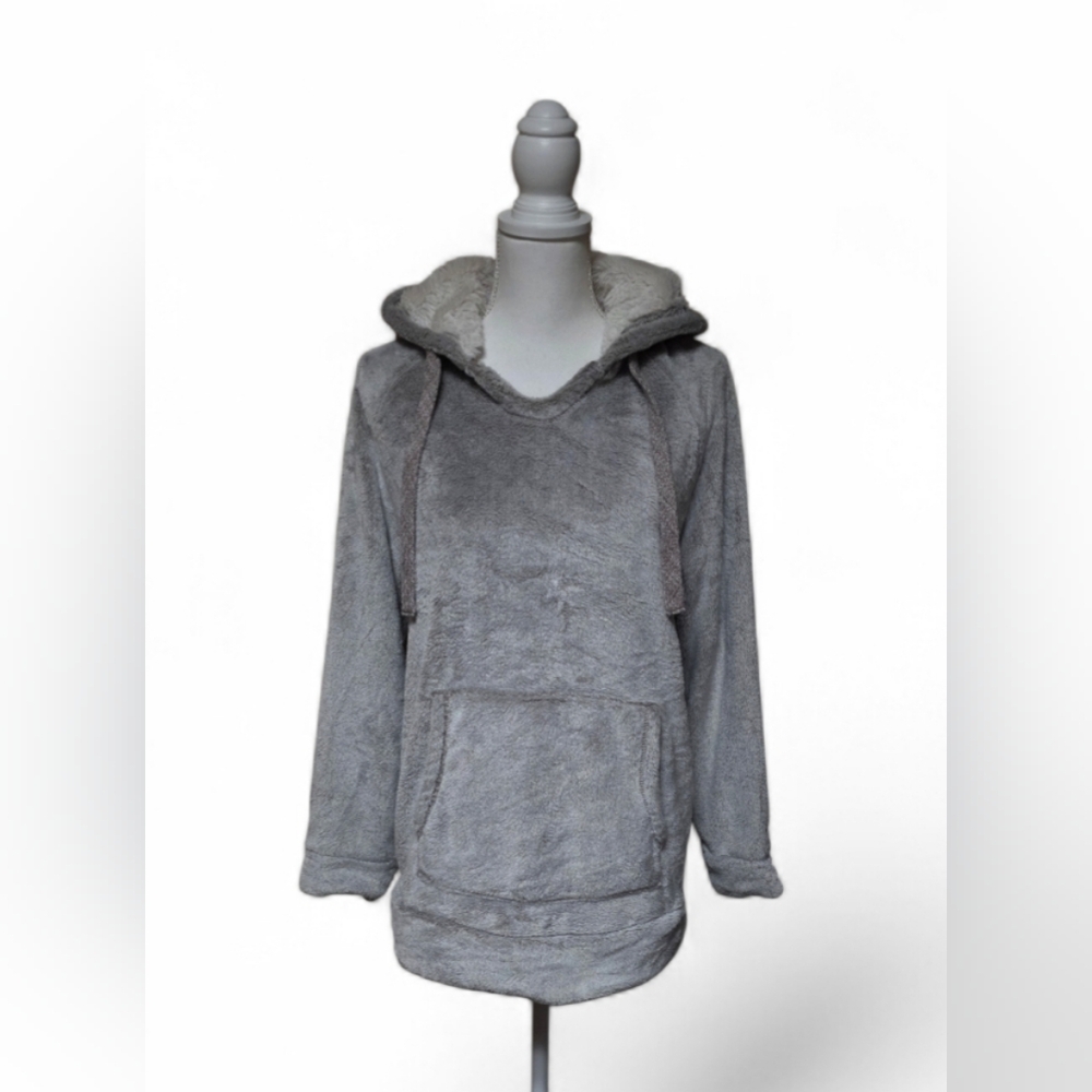 Green Tea Cozy Faux-Fur Lined Hoodie Women’s Large Winter Gray Pullover - Picture 2 of 8